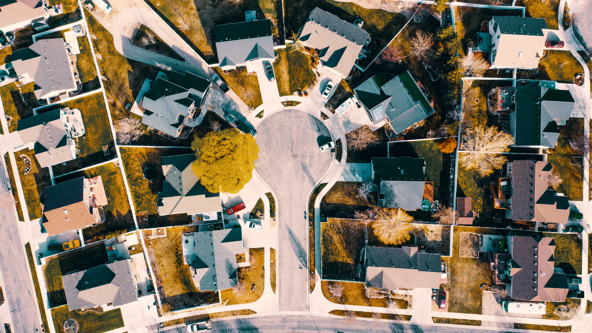 An overhead view of a residential neighbourhood.